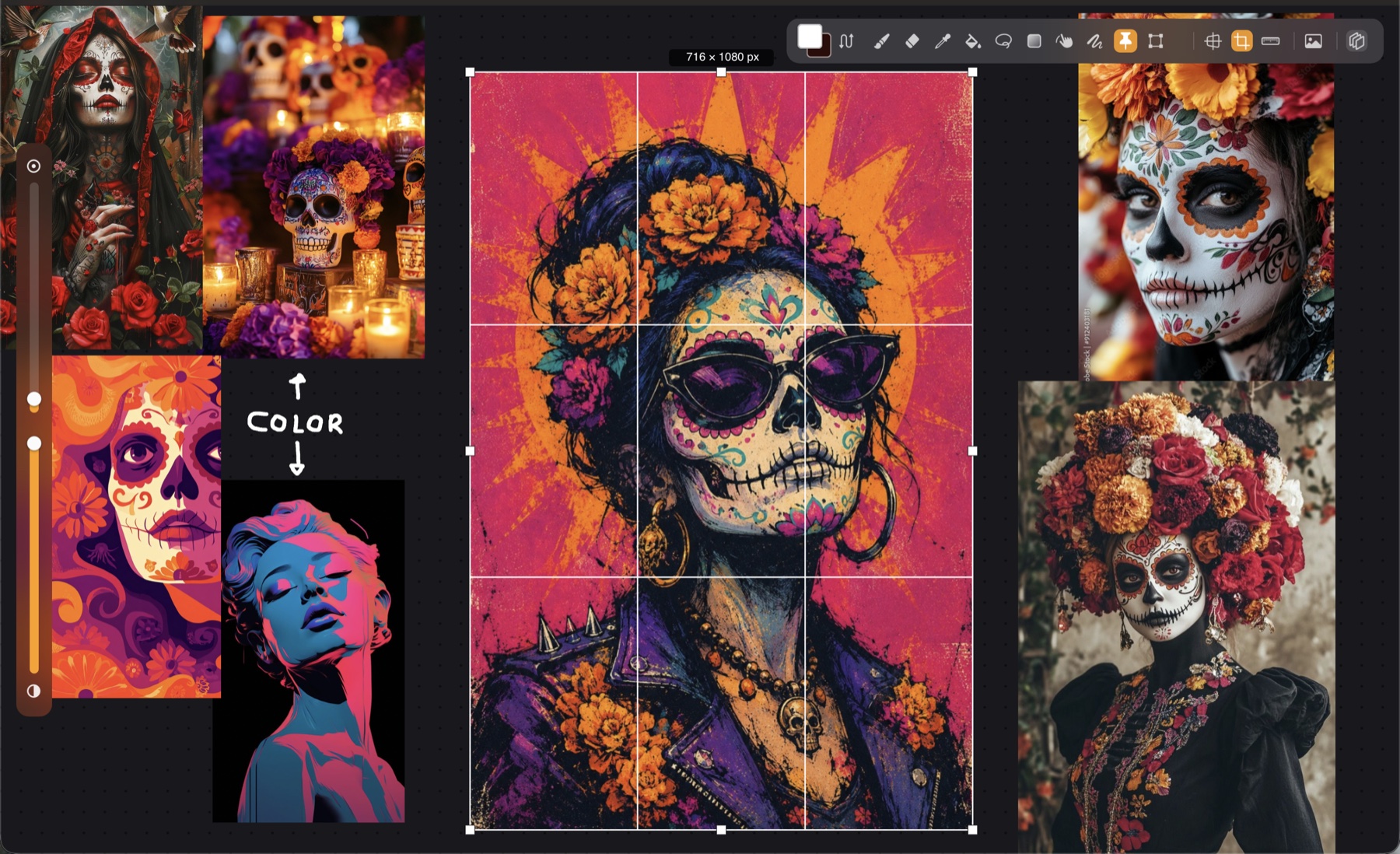 Reference images pinned around the canvas in Paintform